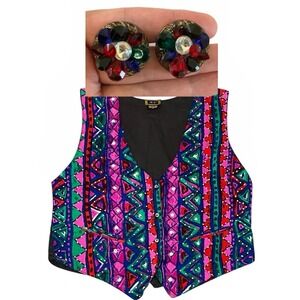 Vtg. 80's‎ Vest Women's S Maximalist Eclectic Teacher Bold Earrings Quirky Artsy